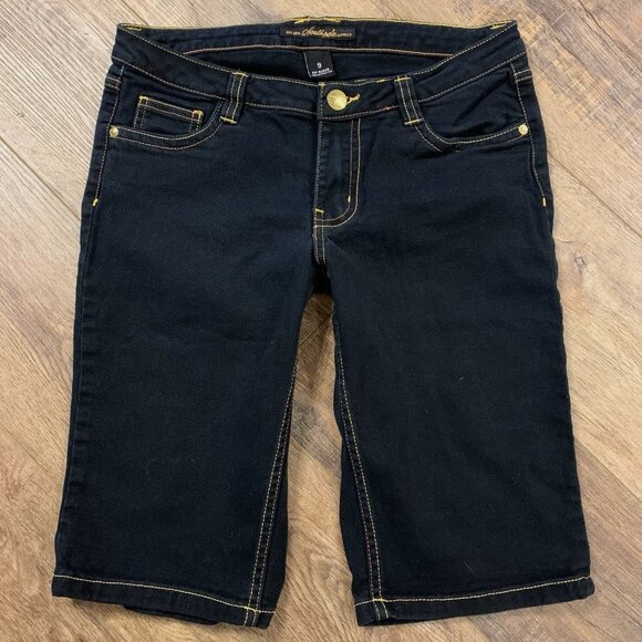 Y2K Southpole EMBROIDERED COPPER & GOLD Bermuda Jean SHORTS 9 Low Rise Dark Wash - Picture 1 of 4